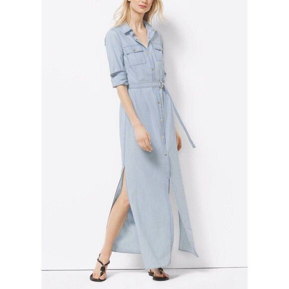 michael kors womens New solid light blue long sleeve maxi dress xxs - Picture 1 of 8